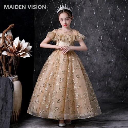 Golden sequin flowers Teenagers Kids Flower girl Wedding Long Girl Dress Princess Party Pageant Formal Dress 2 4 5 6 7 8 10 12y