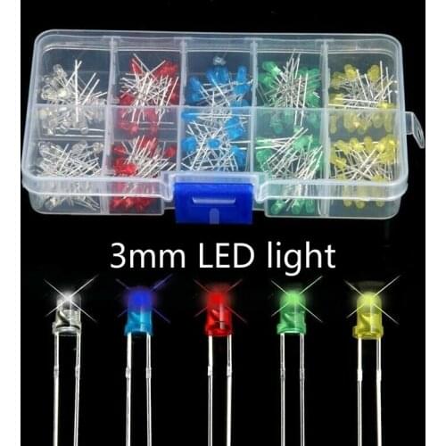 200PC/Lot 3mm LED Diode Light Assorted Kit Green Blue White Yellow Red COMPONENT DIY kit