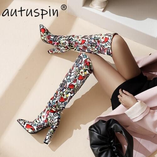 Autuspin Retro Prints Women Shoes Winter Fashion Pointed Toe Thigh High Heels Boots Lady Party Runway Show Basic Warm Boot Woman