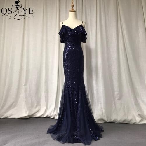 QSYYE Navy Sequin Evening Dress Mermaid Sexy Neck Ruffle Long Party Dress Spaghetti Straps Lady Formal Dresses