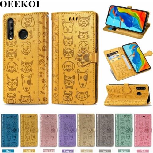 OEEKOI Cartoon Style Cat Dog Wallet Flip Cover Case for Huawei P30 Lite Nova 4e with Card Slot Holder