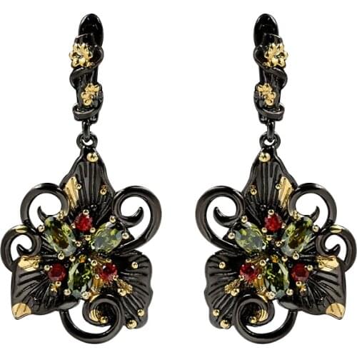 Ajojewel Brincos Black-gold Flower Earrings Elegant Jewelry Red Green Zirconia Dangle Earrings Vintage Collections
