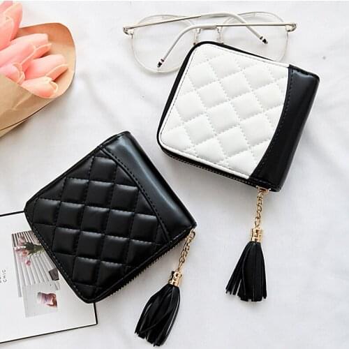 Retro embroidered tassel rhombus designer short wallet pu leather fold luxury women id business card purse wallet