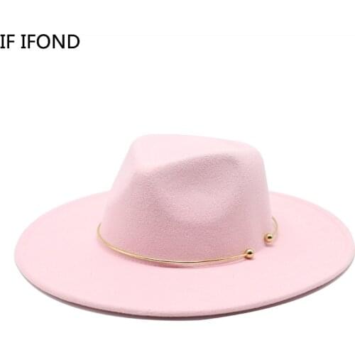 New 2021 Big Wide Brim Fedora Hat Metal Decoration Wool Panama Cloche Felt Hats Men Women Pink Wedding Church Jazz Hats