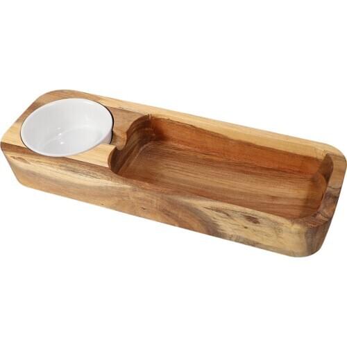 Jaswehome Acacia Wood Serving Tray With Ceramic Dipping Bowl Snack Cocktail Plates White Ceramic Appetizer Serving Platter Tray