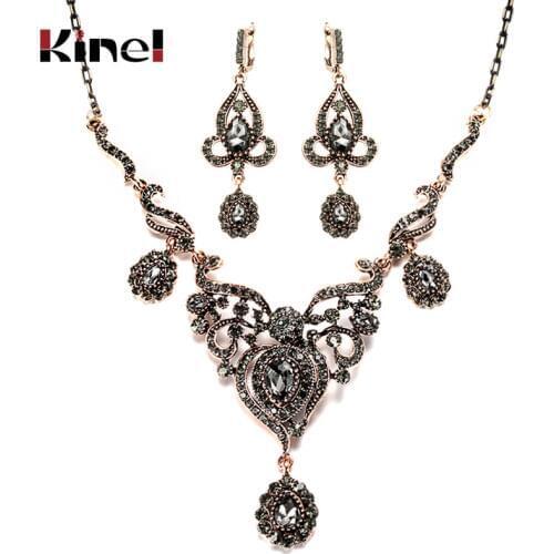 Kinel Luxury Gray Crystal Flower Women Earring Necklace Vintage Jewelry Sets Gold Color Turkish Rhinestone Wedding Jewelry