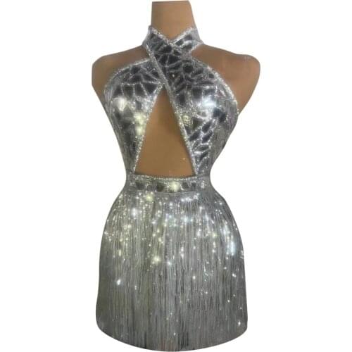 Tassels Imitation Mirrors Small Rhinestone Broken Diamonds Backless Bodysuit Nightclub Party Sleeveless Sexy Dancer Singer Rave