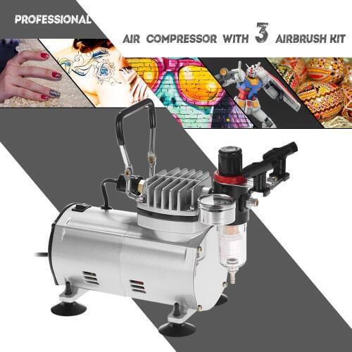 KKmoon Brand New Professional 3 Airbrush Kit With Air Compressor Dual-Action Hobby Spray Air Brush Set Tattoo Nail Art Paint