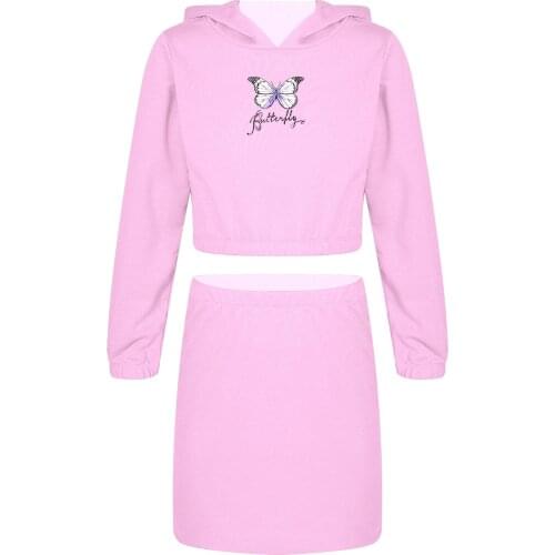 Girls Two Piece Yoga Sets Sport Clothes Set Hoodie Long Sleeves Butterfly Print Crop Sweatshirt Tops with Skirt for Workout