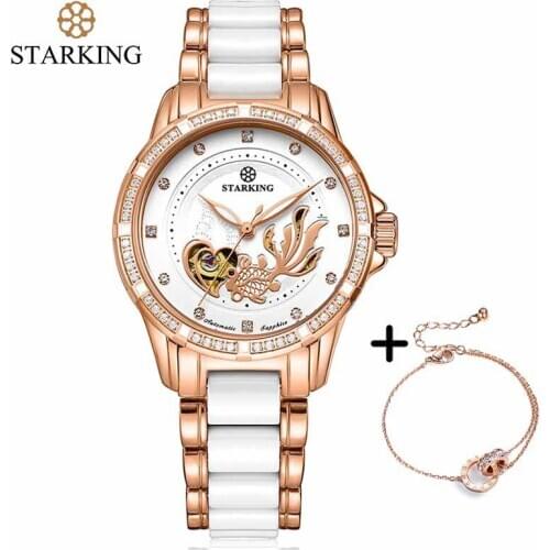 STARKING Automatic Mechanical Women Watch Bracelet Set For Ladies Dress Rhinestone White Ceramic Wristwatches Lover Gift