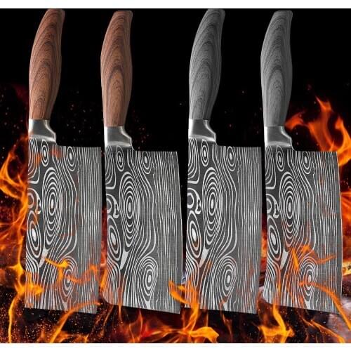 Butcher Kitchen Knife Damascus Laser Pattern Chinese Chef Knife Stainless Steel Meat Chopping Cleaver Knife Vegetable Cutter
