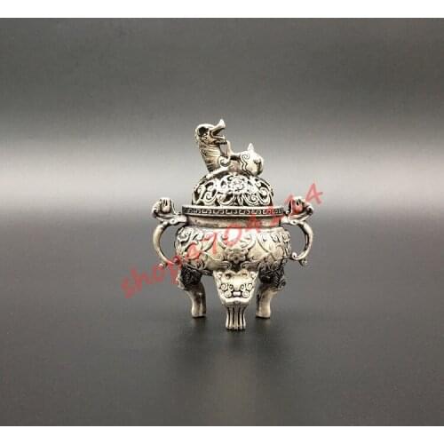 Pure copper silver Kirin incense burner, three-legged double-eared round incense burner, exquisite crafts, collections