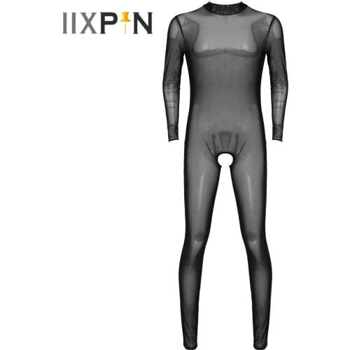 Men See-through Mesh High Neck Sexy Jumpsuits Long Sleeve Crotchless Skinny Erotic Bodysuit One-piece Zipper Back Romper Bodycon