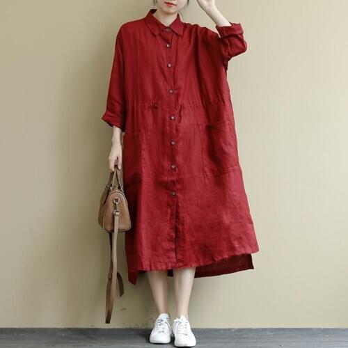 Collar Shirt Dresses Double Pocket Cotton Linen Loose Long Dress Spring Autumn New Arts Style Women Long Sleeve Turn-Down