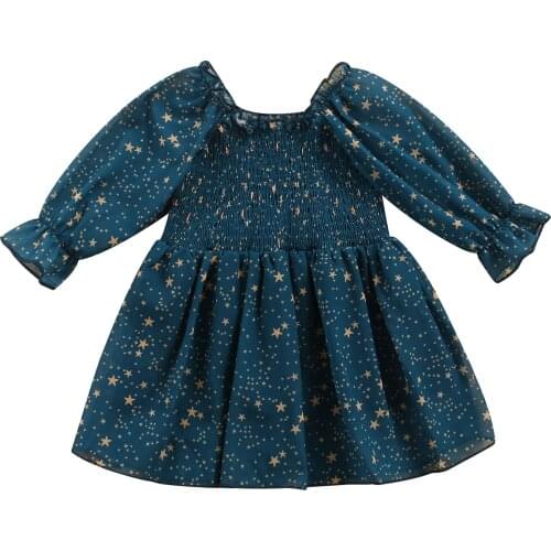 Infant Autumn A-line Dress, Baby Girls Smocked Star Print Long Sleeve Round Neck Gown