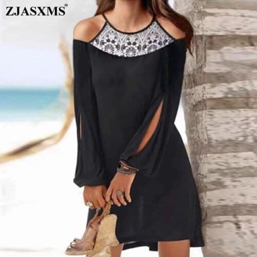 Sexy Cold Shoulder O Neck Halter Autumn Dress Women Hollow Out Long Sleeve Mini Dress Spring Floral Print Patchwork Party Dress