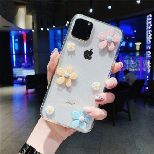 Cute Daisy Flower Clear Phone Case For iPhone 12 Mini 11 Pro X XR XS Max 6 6S 7 8 Plus SE Fashion Bling Glitter Soft Case Cover