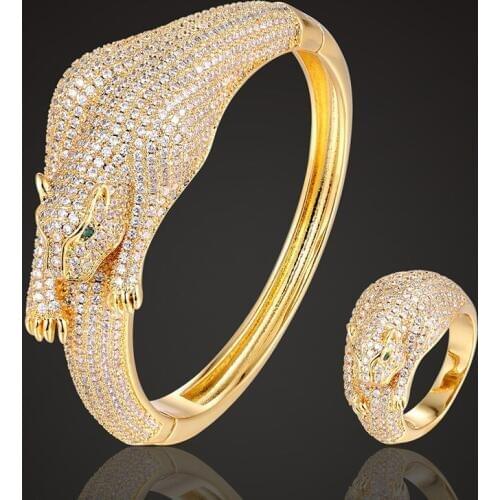 Zlxgirl Luxury Brand ferocious leopard Zircon micro pave bangle Accessories fashion womens copper bangle with ring bags sets