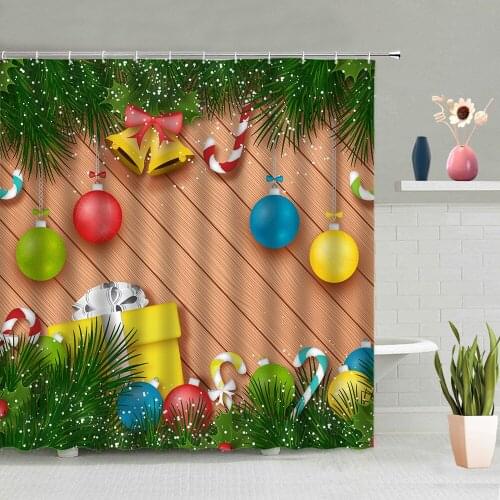 Christmas Shower Curtain Set Retro Vintage Wood Board Christmas Tree Xmas Ball Gift Box Snowflake Bathtub Decor Screen Washable