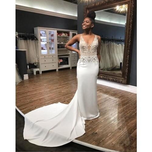 Sexy Deep V Neck Vestido De Novia Mermaid Wedding Dresses with Detachable Train Satin Bridal Gowns