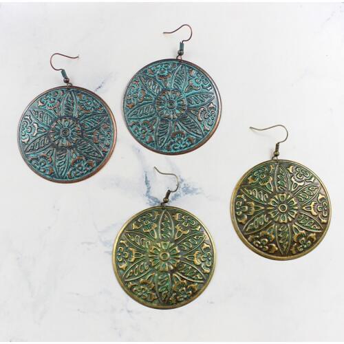 Circular Carved pattern Petal shape Pendant Earrings Ethnic style Bronze Antique Flower Charm Earrings Women jewelry