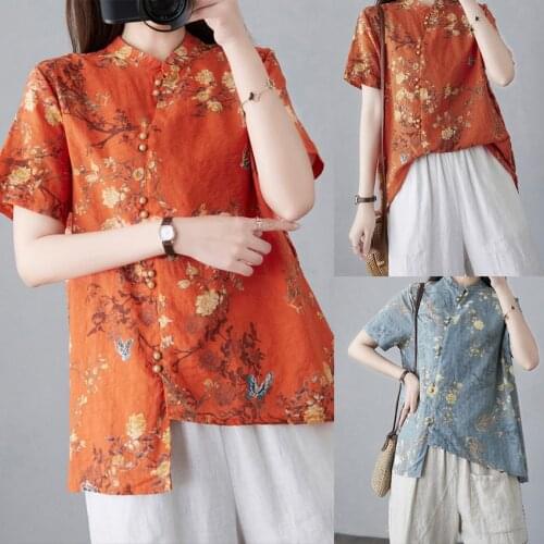 Chinese Traditional Clothes Casual Linen Cotton Short Sleeve Blouse Vintage Floral Print 2021 New Fashion Loose Soft Hanfu