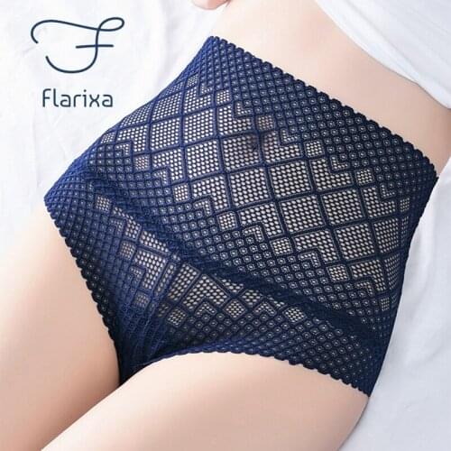 Flarixa Lace Panties Womens Transparent Seamless Large Size High Waist Pure Cotton Crotch Briefs Diamond Mesh Sexy Underwear