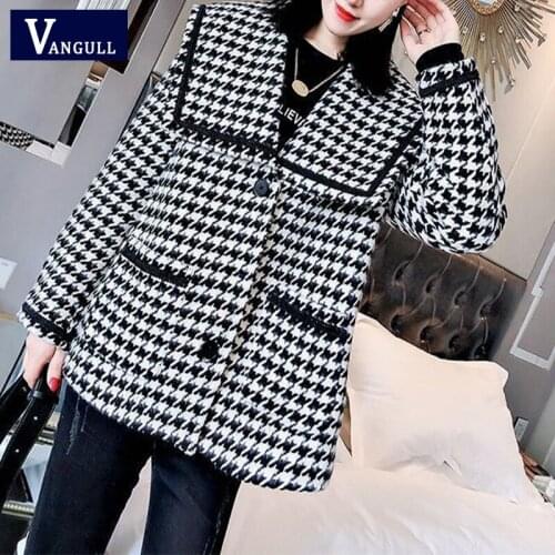 Vangull Elegant Plaid Women Woolen Coats 2020 Winter Thicken Add Cotton Navy Collar Fashion Short Jacket Warm Female Outwear