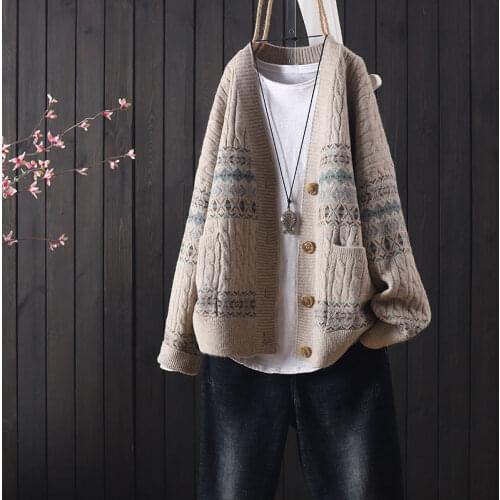 2021 spring and autumn fashion loose casual retro long-sleeved v-neck sweater womens western style all-match sweater