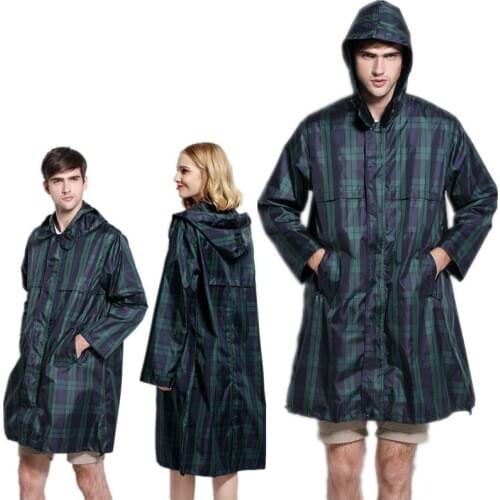 Waterproof Rain Coat Adult Green Grid Fashion Plastic Trench Coat Polyester Overall Hooded Poncho For Men Women Travel Cloak