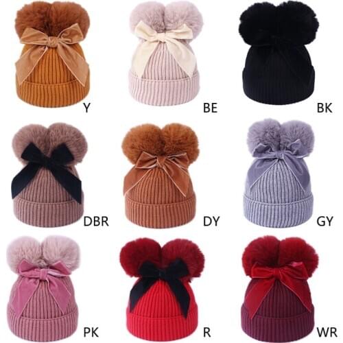 Infant Toddler Baby Ribbed Knit Woolen Beanie Hat Cute Bowknot Double Pompom Winter Thicken Lined Warm Cuffed Skull Cap