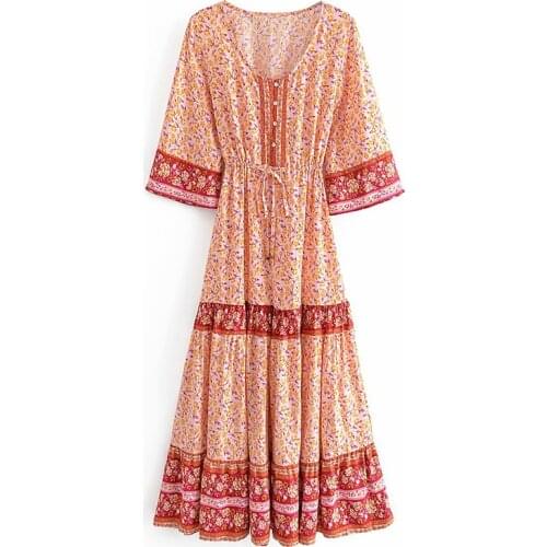 YENKYE Vintage Floral Print Boho Long Dress Women Sexy V Neck Drawstring A-line Casual Holiday Ropa Mujer Summer Vestido 2021