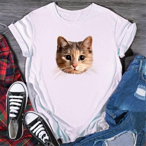 Summer Plus Size T Shirt Women Casual O-Neck Cute Animal Cat Print Short Sleeve Top Tee Harajuku Korean Tops Female T-shirt