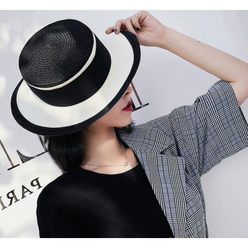 H7608 European American Women Fedoras Hat Black White Splicing Straw Cap Female Summer Outdoor Travel Flat Top Elegant Girl Caps