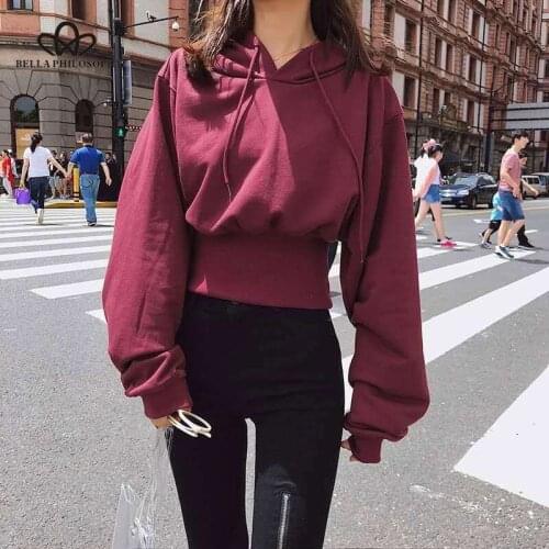 Bella philosophy 2020 Thin Sweatshirt Women Crop Hoodies Vintage Lantern Sleeve Slim Waist Hooded Top Ladis Casual Streetwear