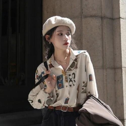 2021 Spring Vintage Oversize Womens Blouse Tunic Shirt Geometry Print Button Up Ladies Tops Plus Size Long Sleeve Female Tops
