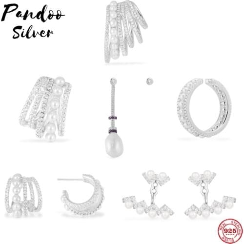 925 Sterling Silver Women Jewelry,Baroque Style Double Paved Hoop Earrings,White Mono Six Hoop Sliding Ear Jacket With Pearls