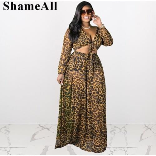 Plus Size Leopard Long Sleeve Crop Tops Floor Length Skirts Two Piece Sets 4XL V neck Bow Knot Tees A-line Skirt Africa Outfits
