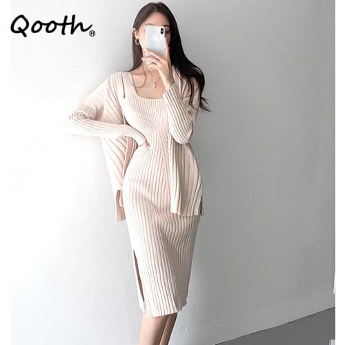 Qooth Women Suits Clothing Knitted Mid-Calf Long Sleeve Strap Dress and Cardigan 2 Piece Set Female Outfits Knit Sweat Suit Set