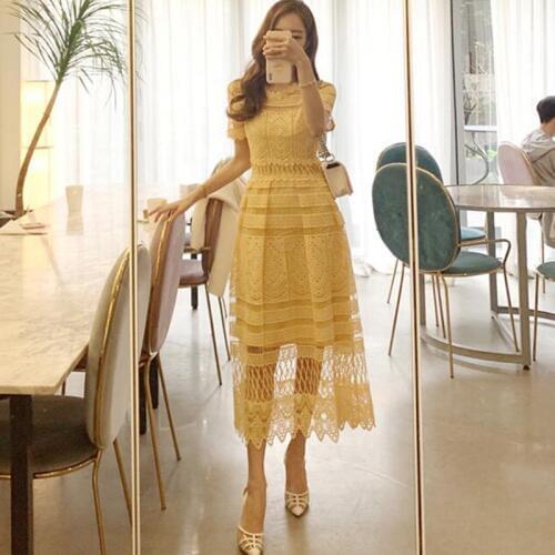 2019 Summer Women Short Sleeve Lace Dress Elegant High Waist Hollow Out Lady O-neck Party Long Dress Beach Vestidos robe femme