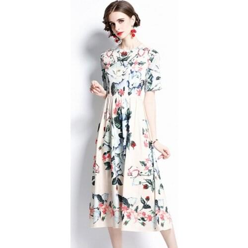 2021 Summer Dress Women Elegant Short Sleeve O neck Vintage flower Print casual Midi Dress