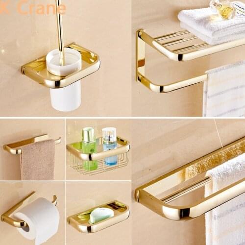 Gold Bathroom Accessories Wall Mount Towel Shelf Copper Soap Holder Brass Bath Bar Glass Cup Holder Double Layer Rack Brush Rail