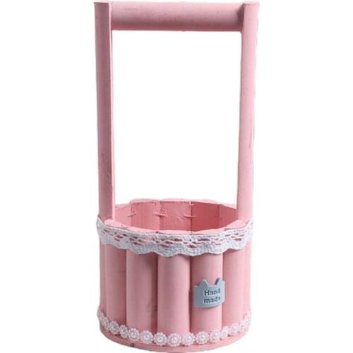 1pc Mini Flower Basket Desk Ornament Stylish Appearance Flower Basket Bright Color Wood Bar Decorative Flower Holder Home Decor