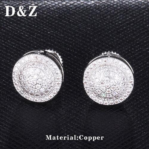D&Z Shiny Gold Silver Color Copper with Cubic Zircon Geometric Round Small Earrings For Men Women Hip Hop Jewelry