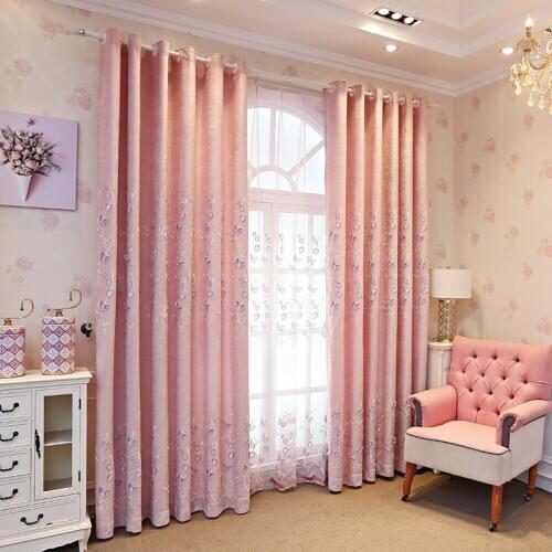 European Pink Relief Embroidered Chenille Shading Curtains for Living Dining Room Bedroom