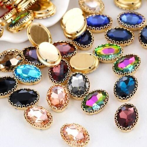 Sew On Stone All Colors 10x14mm Oval Glass10x14mm Crystal Fancy Stone With Lace Brass Claw 4holes Settings For Jewelry making