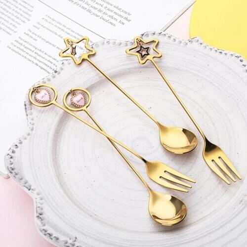 Stainless Steel Coffee Spoon Watermelon Ice Cream Spoon Tea Dessert Spoon Fork with Star Love Heart Pendant Creative Tableware