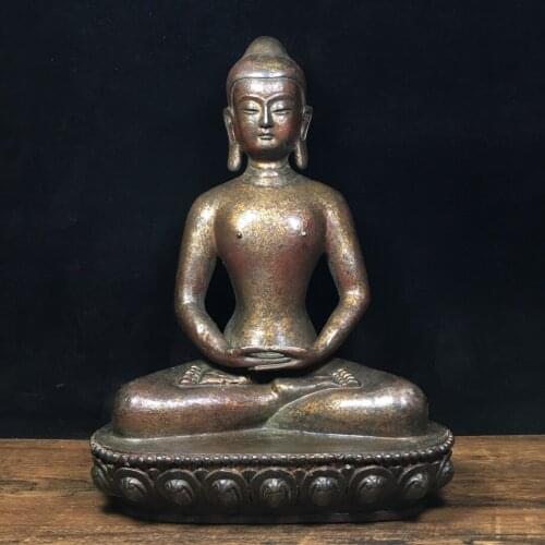 10"Tibet Temple Collection Old Bronze Cinnabar Lacquer Northern Wei Buddha Shakyamuni Enshrine the Buddha Town House