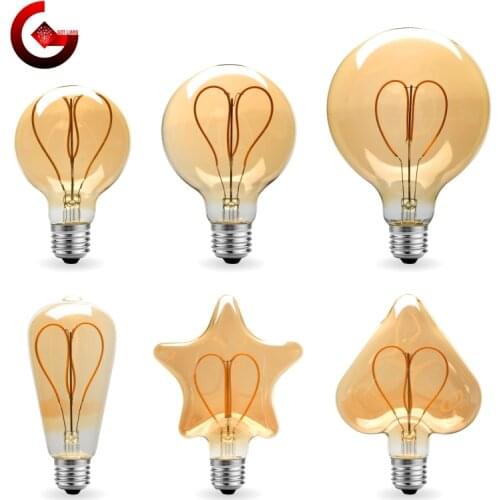 Dimmable E27 Retro Edison LED Heart Filament Light Bulb 4W Warm White 2200K 220V ST64 G80 G95 G125 Vintage Home Decoration Lamp