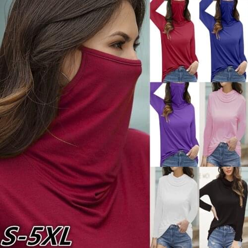 Multifunctional Dust Mask Turtleneck T-shirt Women Solid Color Casual Slim Long Sleeve Tee Spring Autumn New Black Pink Tee Pull